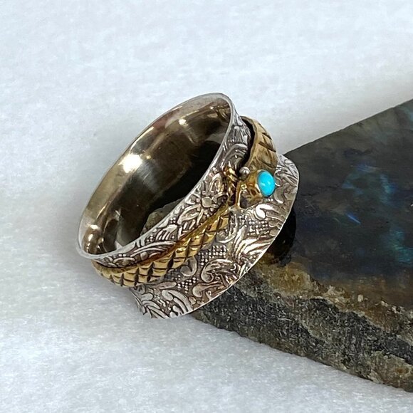 Sterling Silver 925 Embossed Brass Snake Turquoise Wide Spinner Band Ring 14.5 - Picture 3 of 16